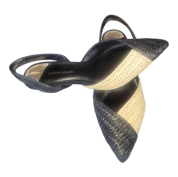 Antonio Melani Women's Raffia Black and Cream Slingback Pointed Toe Kitten Heels - Picture 7 of 10